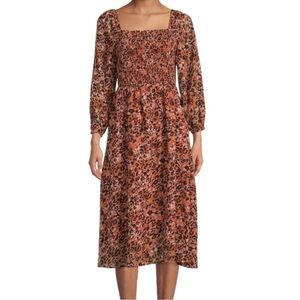 Beach Lunch Lounge Smocked Squareneck Animal Print Midi Dress- M